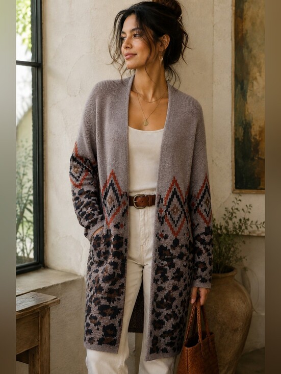 By Design Sweaters - By Design Small Long Cardigan Sweater Leopard Aztec Boho Open Front Pockets NWT